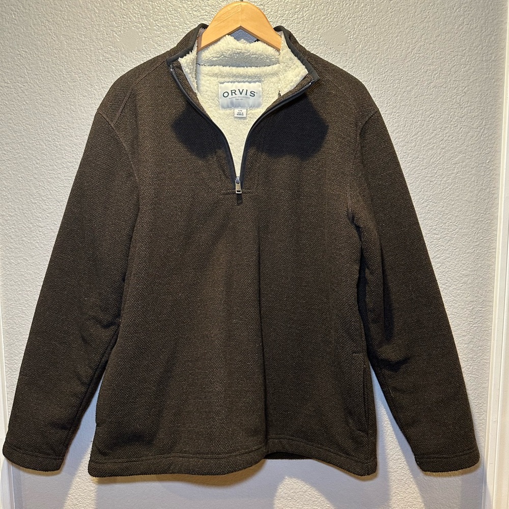 Orvis Men’s Brown Sherpa Fleece Quarter Zip Sweatshirt in Size Large
